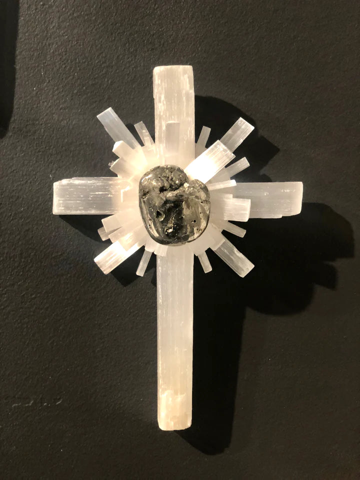 Selenite & Pyrite Wall Cross