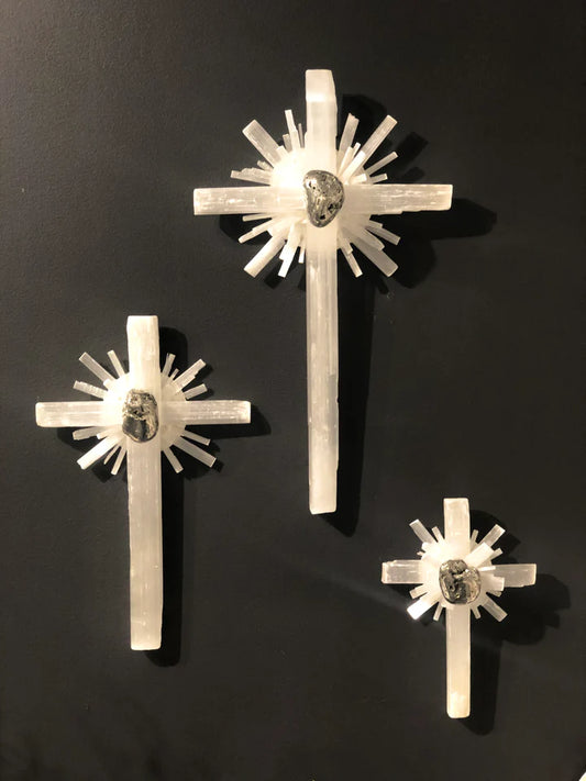 Selenite & Pyrite Wall Cross