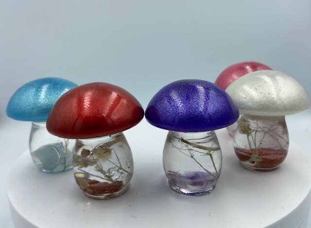 Mini Mushroom Figurines with Spiritual Crystals: Aquamarine