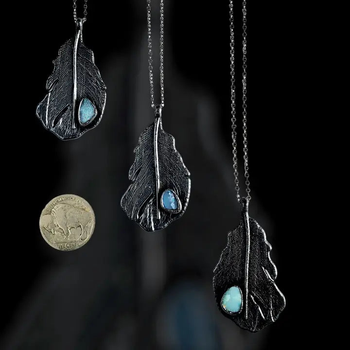 Blackened Crow Feather Necklace with Australian Opal