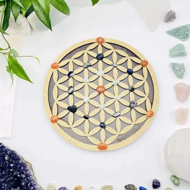 Wooden Crystal Grid - Flower of Life