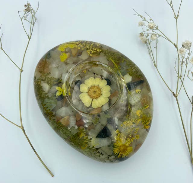 Floral Tea Light Candle Holder with Citrine Crystals