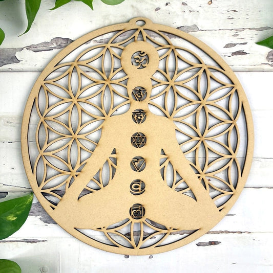 Wood Crystal Grid - Flower of Life with Buddha and 7 Charaka
