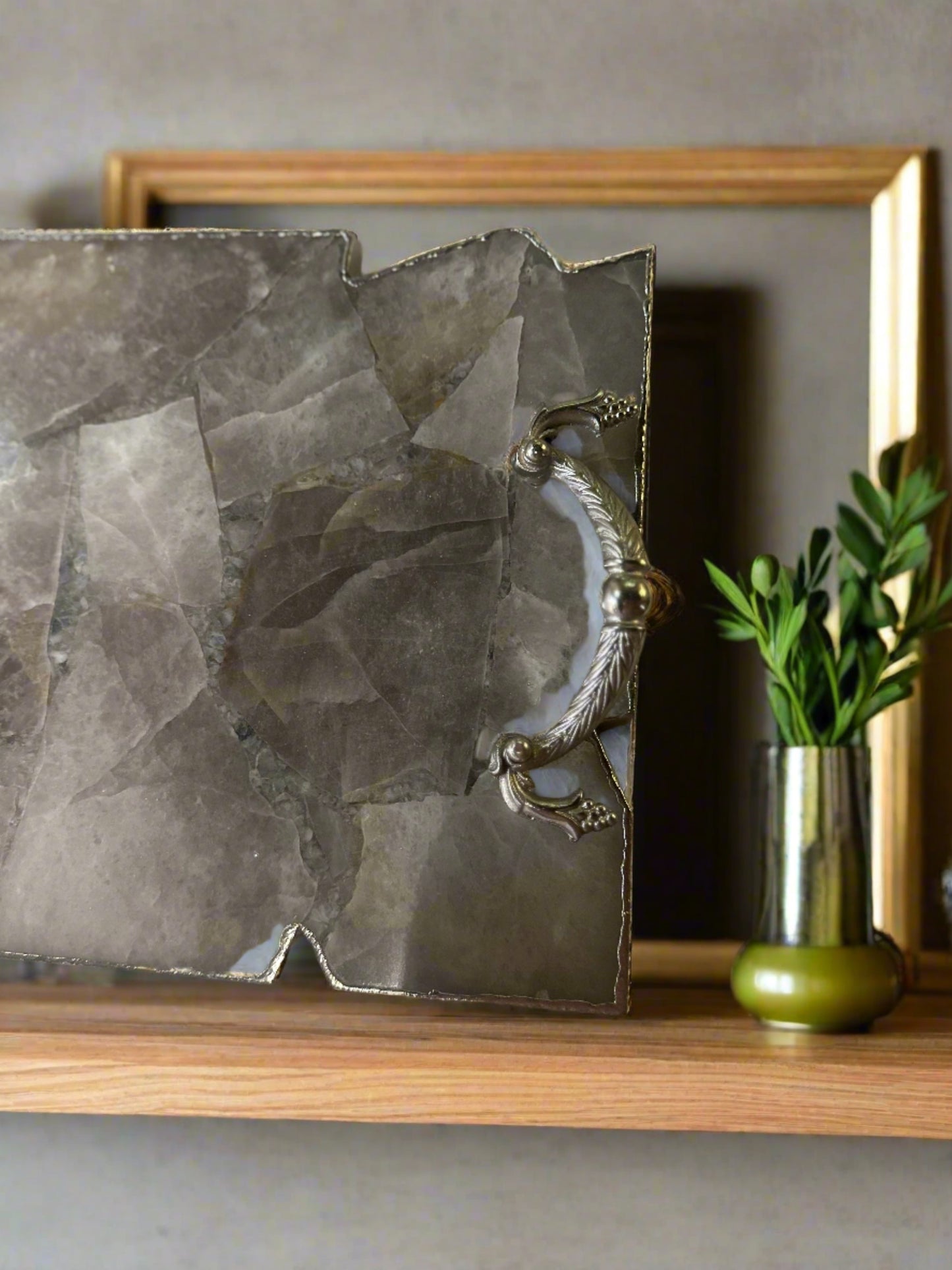 Large Smoky Grey Agate Serving Tray with Brass Handles