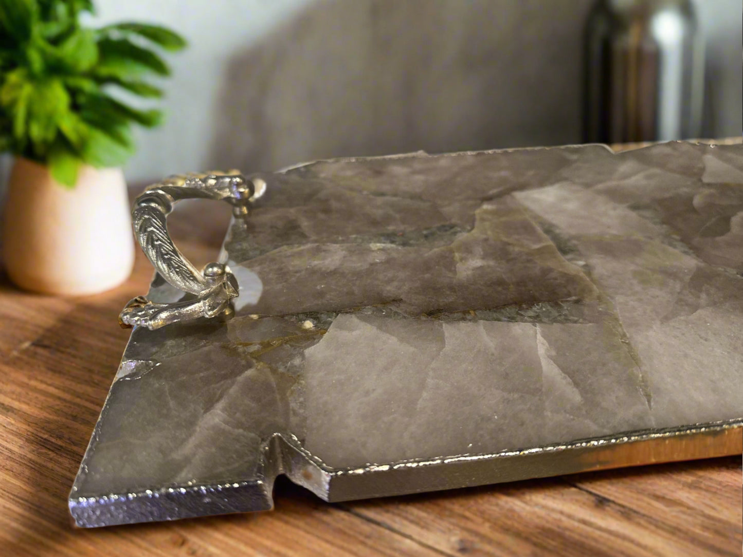 Large Smoky Grey Agate Serving Tray with Brass Handles
