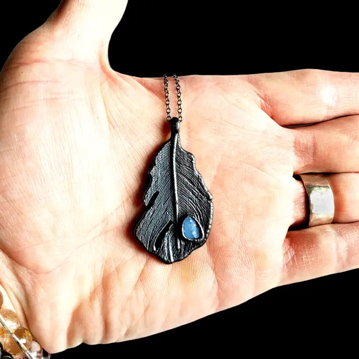 Blackened Crow Feather Necklace with Australian Opal