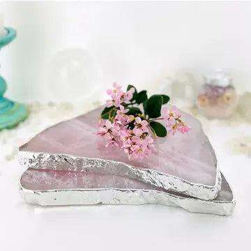 Rose Quartz Platters with Silver Electroplated Edge