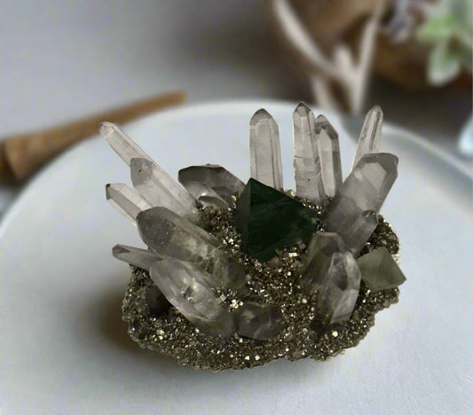 Clear Quartz Cluster with Pyrite & Fluorite Octahedron